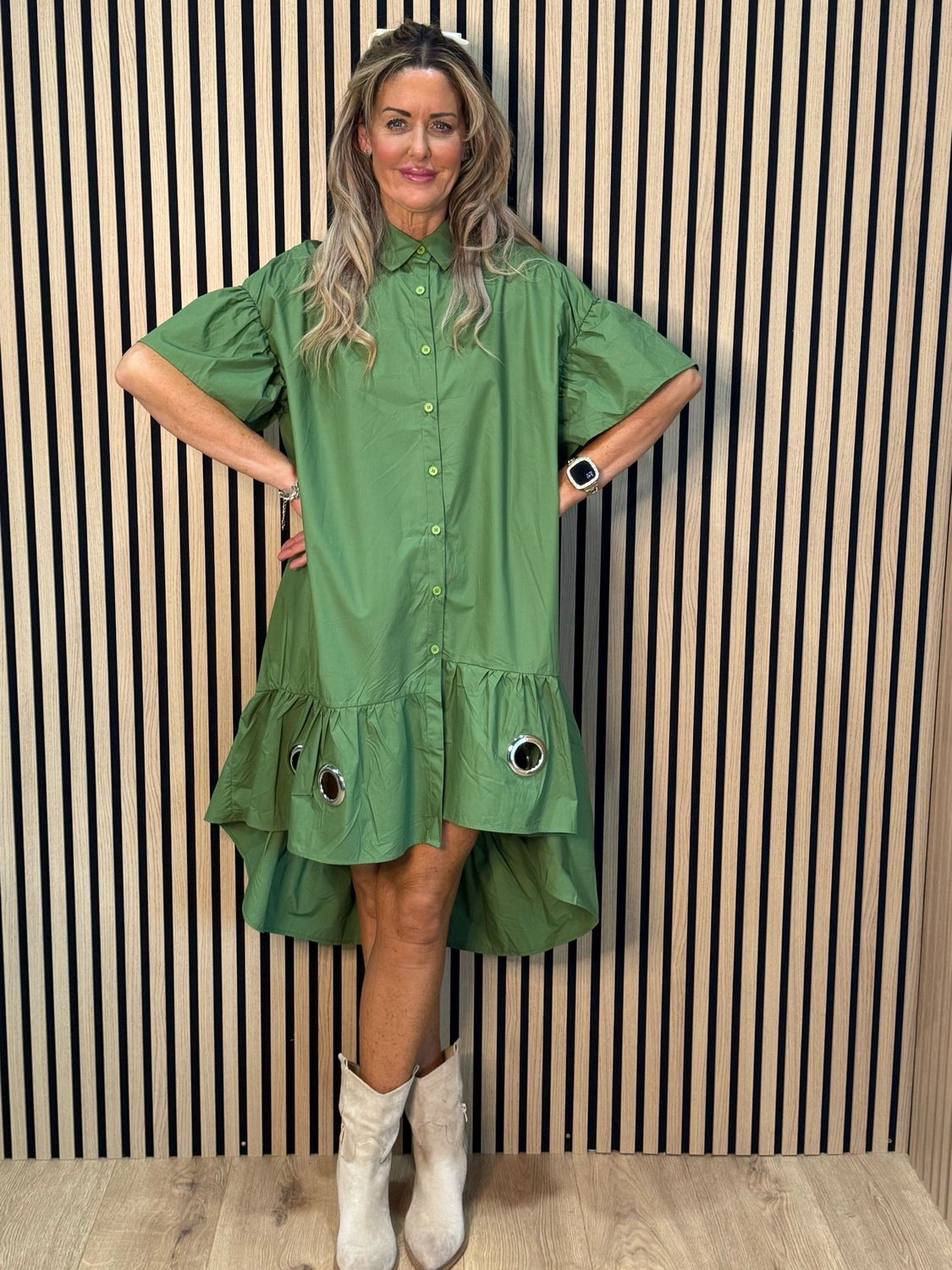 Button-Front Grommet Detail Dress - Green