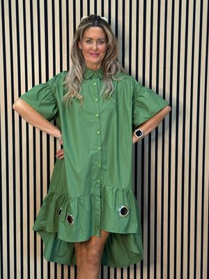 Button-Front Grommet Detail Dress - Green