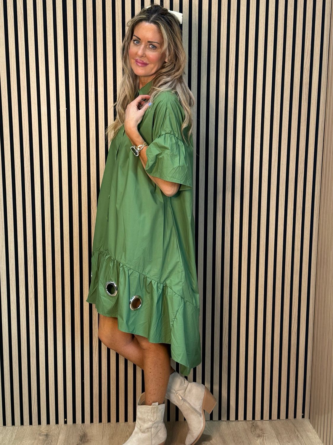 Button-Front Grommet Detail Dress - Green