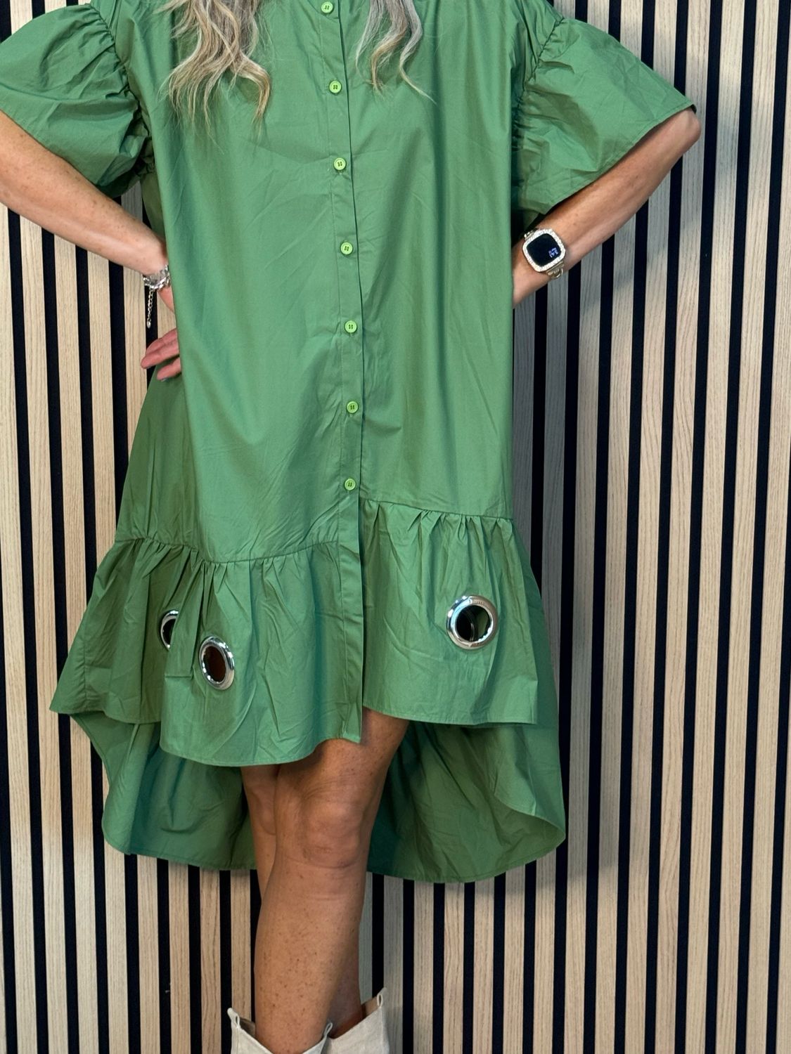 Button-Front Grommet Detail Dress - Green