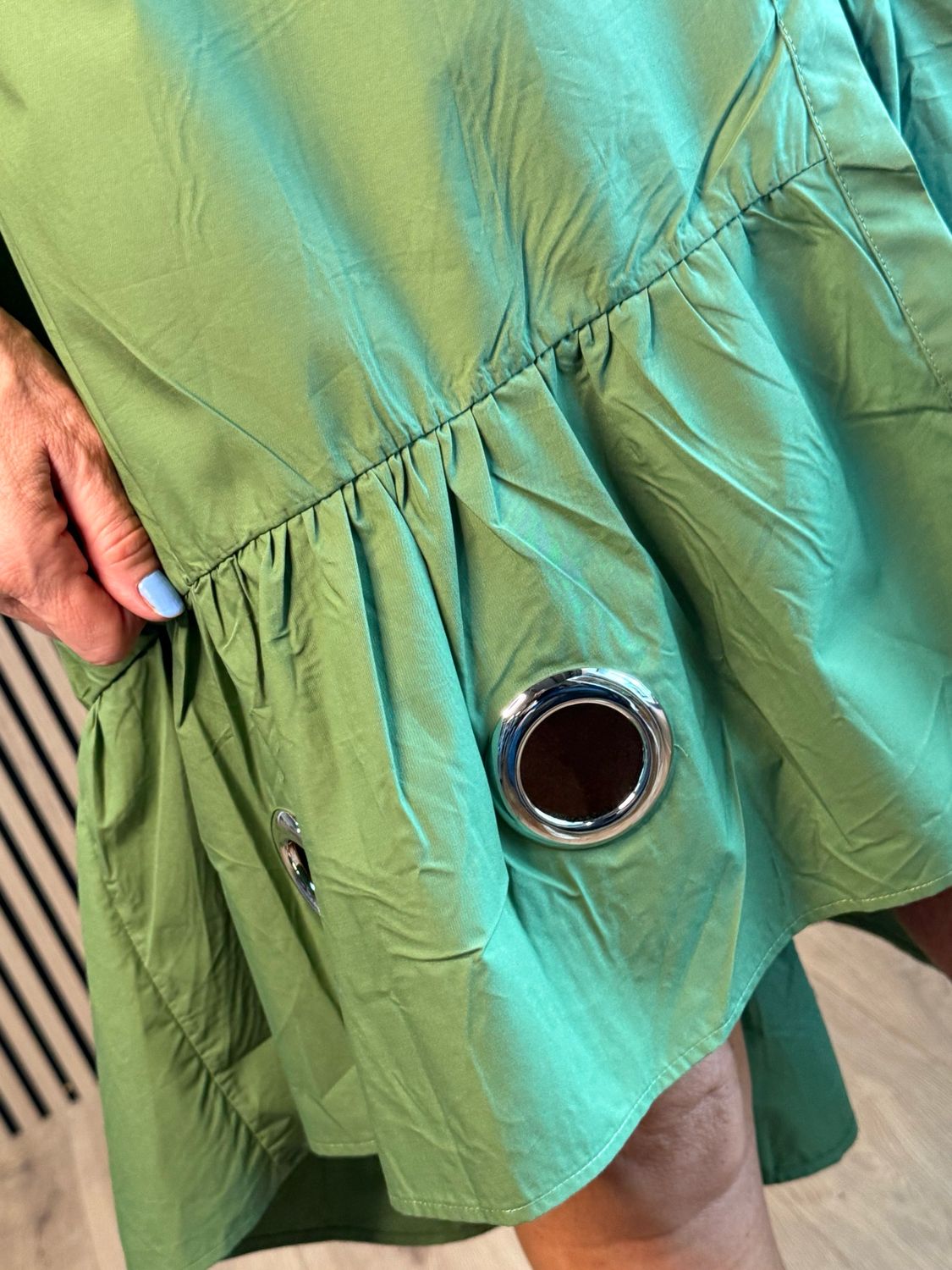 Button-Front Grommet Detail Dress - Green