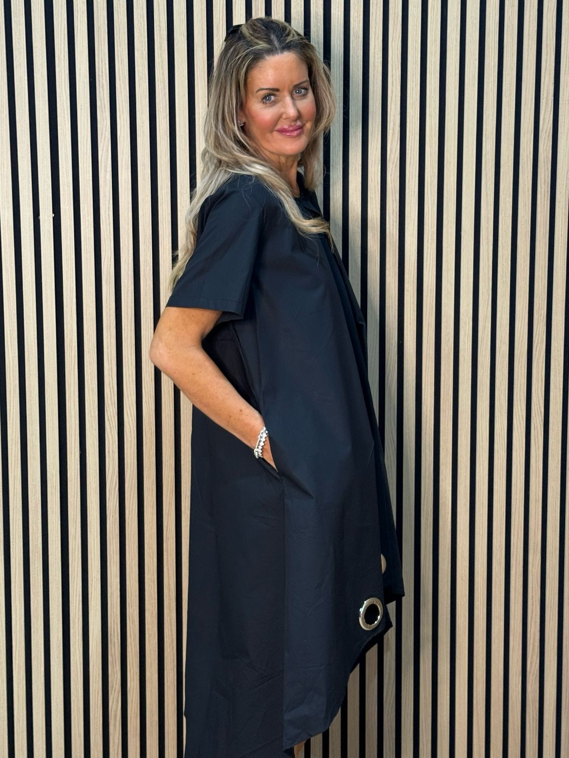 Asymmetric Grommet Detail Dress - Black