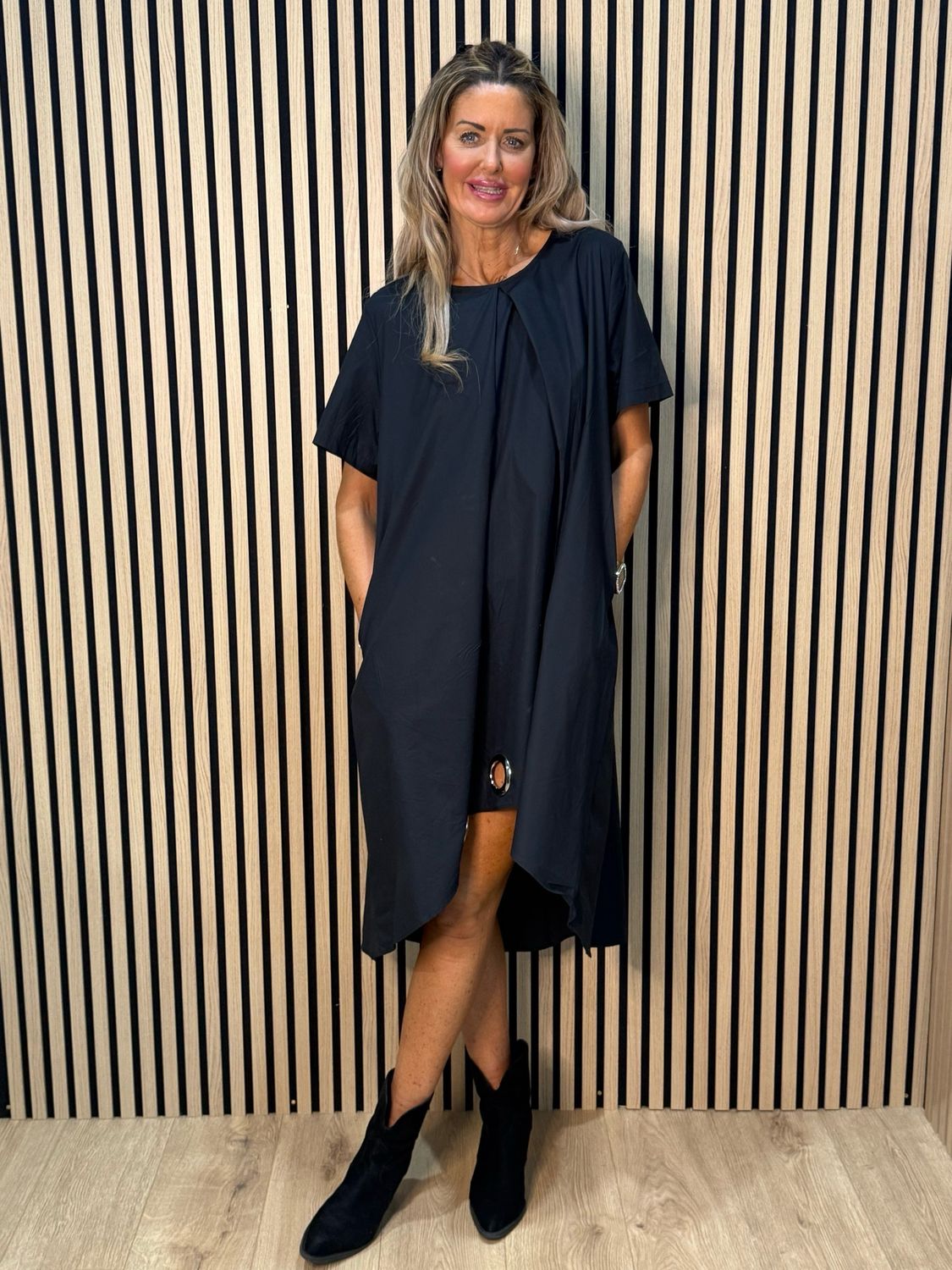 Asymmetric Grommet Detail Dress - Black