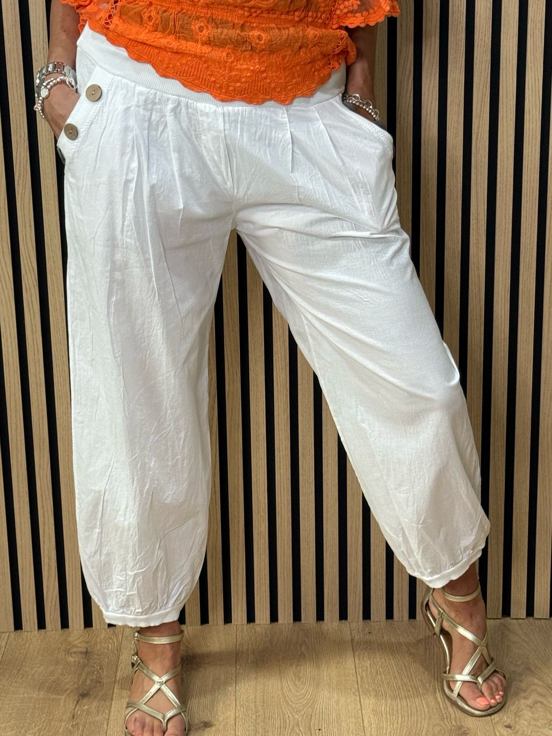 Button Detail Harem Pants - White