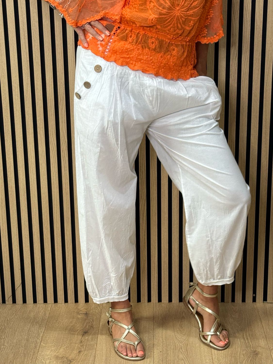 Button Detail Harem Pants - White