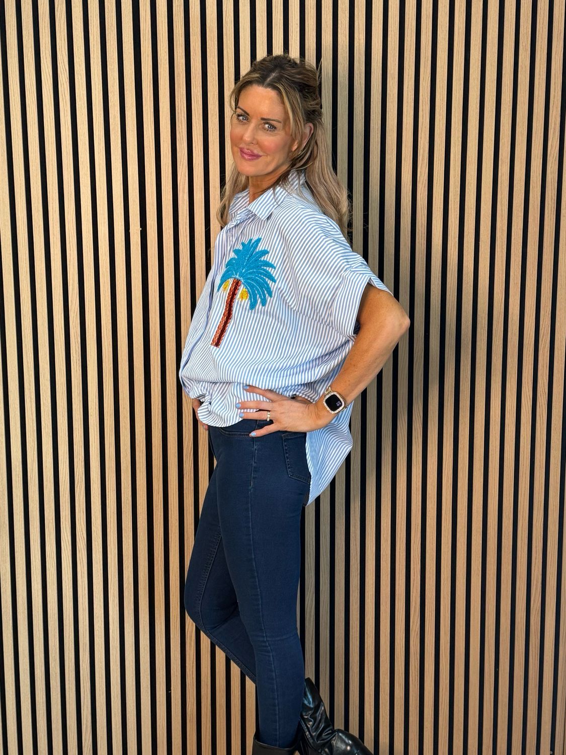 Tropical Embroidered Stripe Shirt - Blue/White