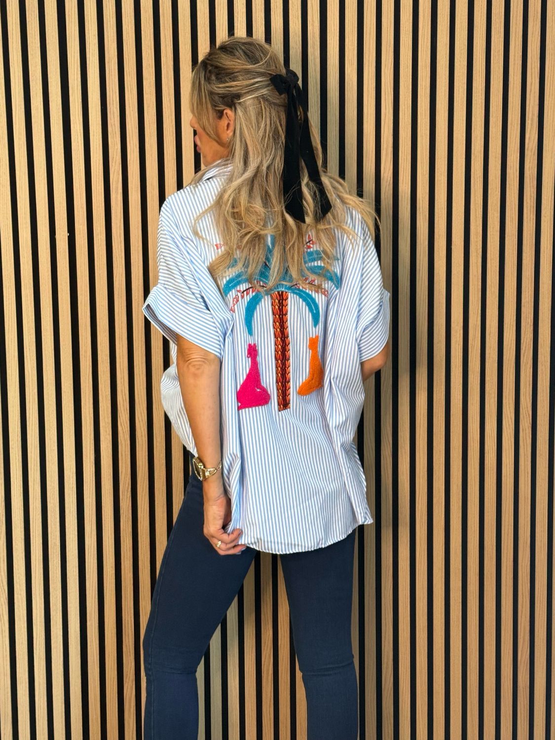 Tropical Embroidered Stripe Shirt - Blue/White