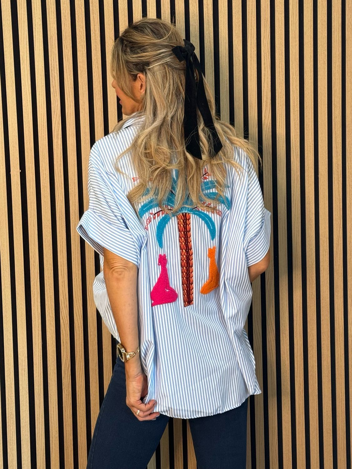 Tropical Embroidered Stripe Shirt - Blue/White
