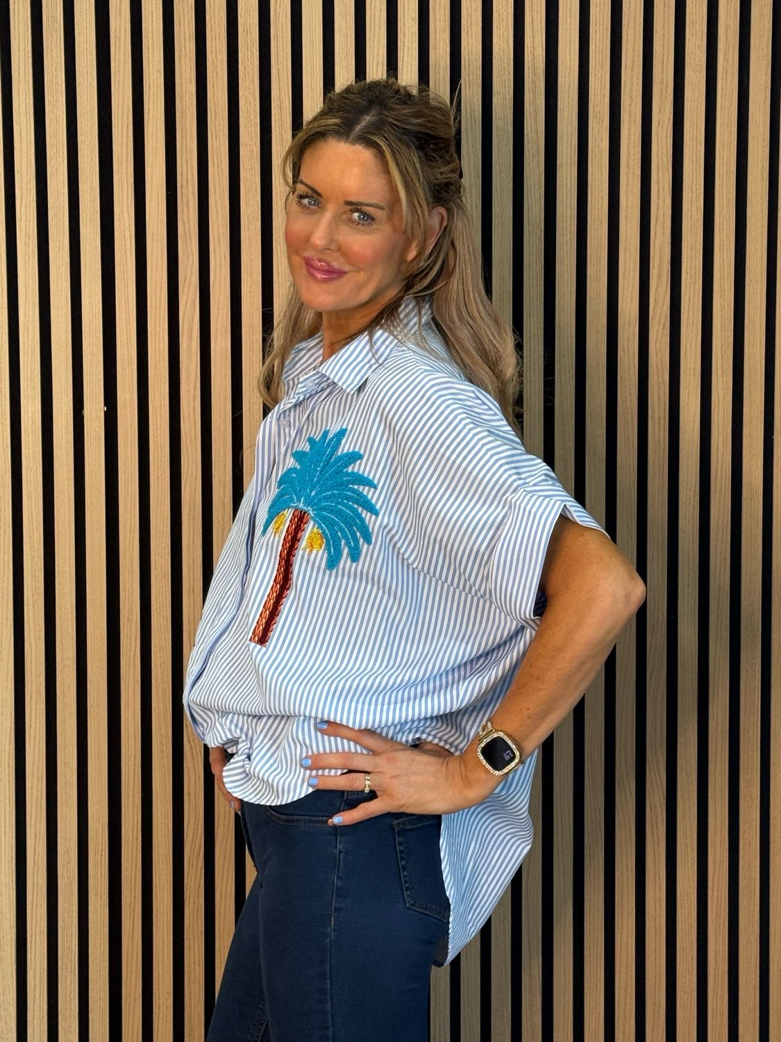 Tropical Embroidered Stripe Shirt - Blue/White
