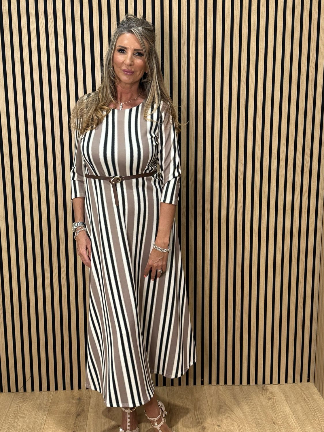 Striped Belted Midi Dress - Taupe/Black/Cream