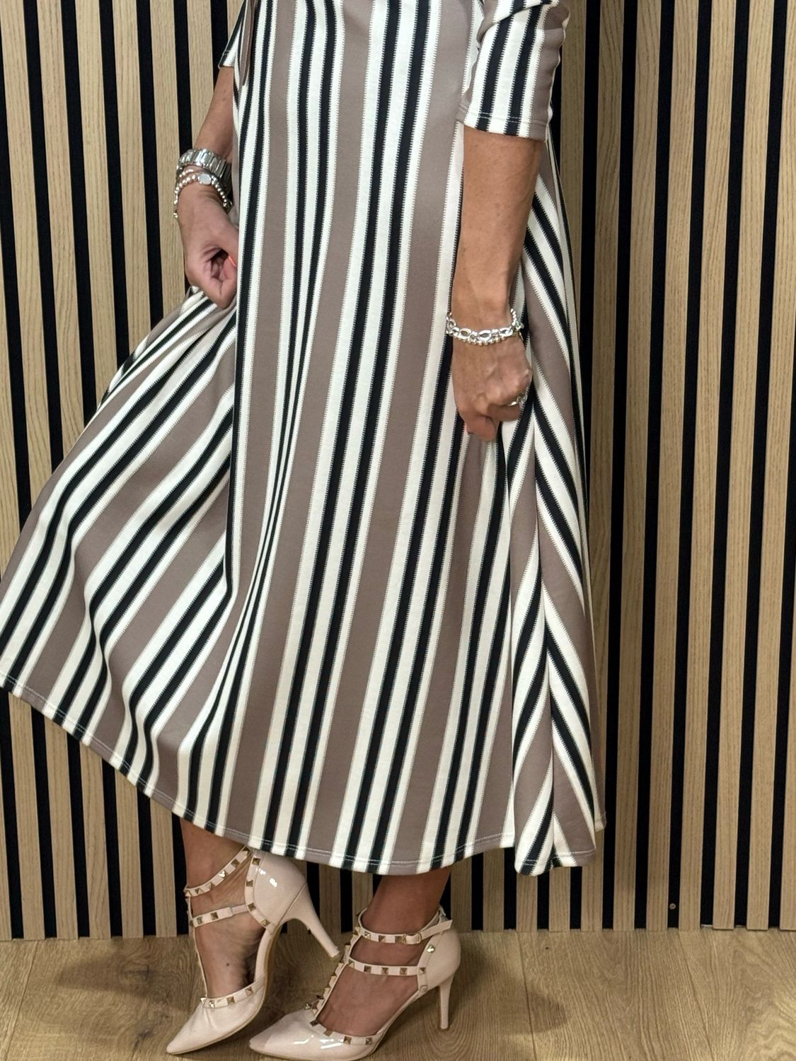 Striped Belted Midi Dress - Taupe/Black/Cream