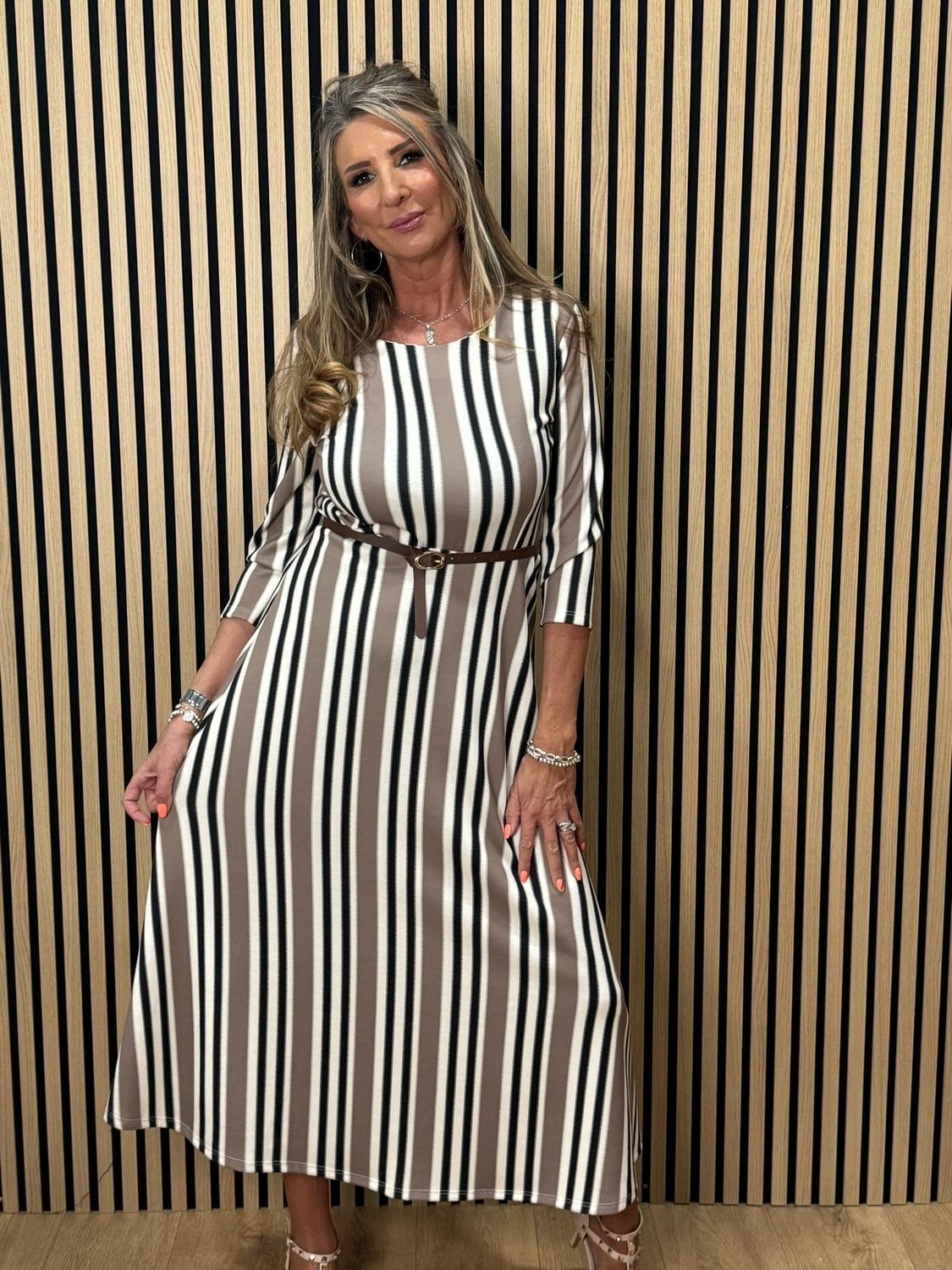 Striped Belted Midi Dress - Taupe/Black/Cream