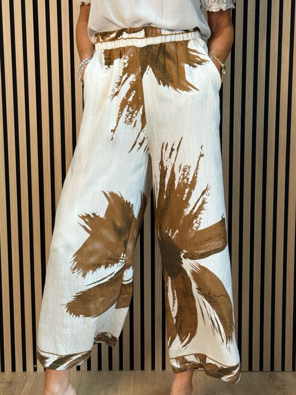 Printed Wide Leg Trousers - Cream/Brown