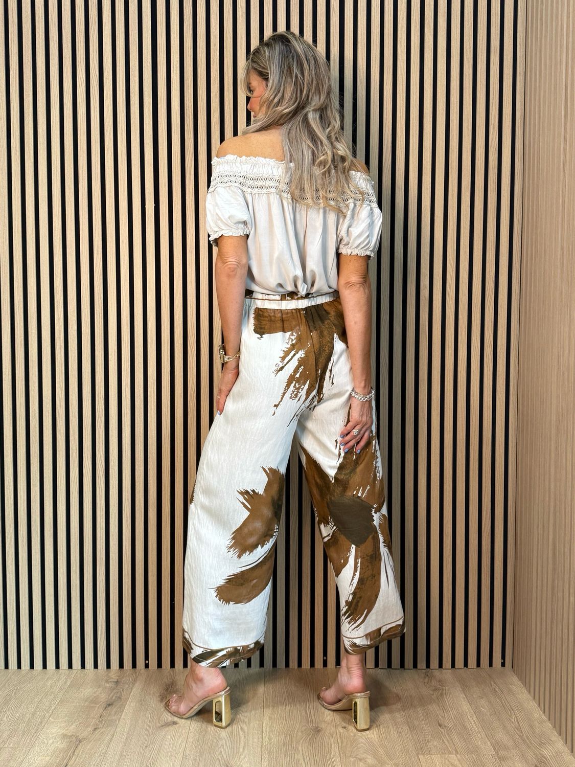 Printed Wide Leg Trousers - Cream/Brown