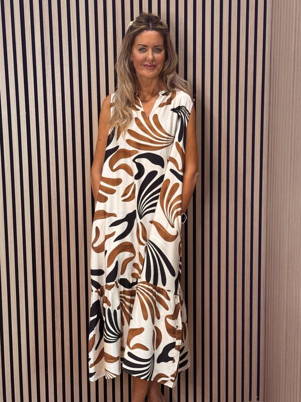 Leaf Print Tiered Midi Dress - Cream/Brown/Black