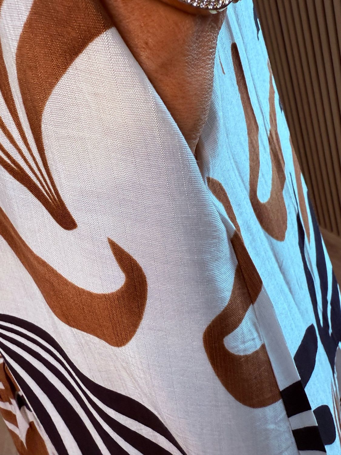 Leaf Print Tiered Midi Dress - Cream/Brown/Black