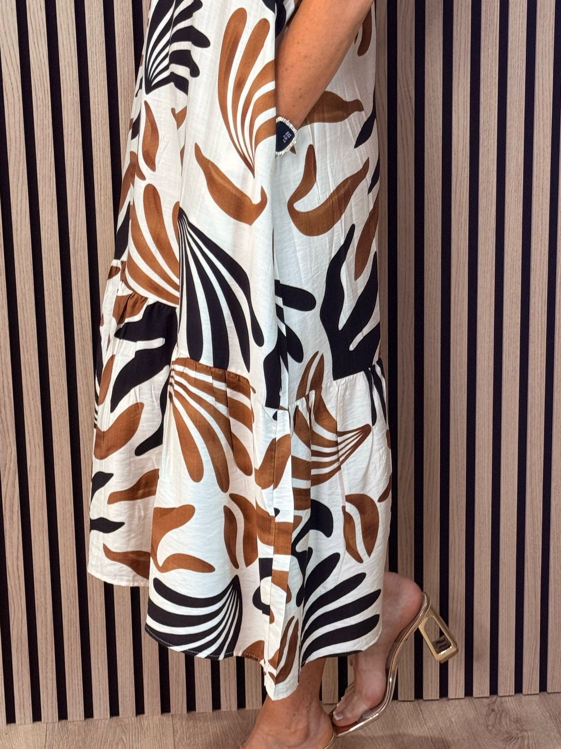 Leaf Print Tiered Midi Dress - Cream/Brown/Black