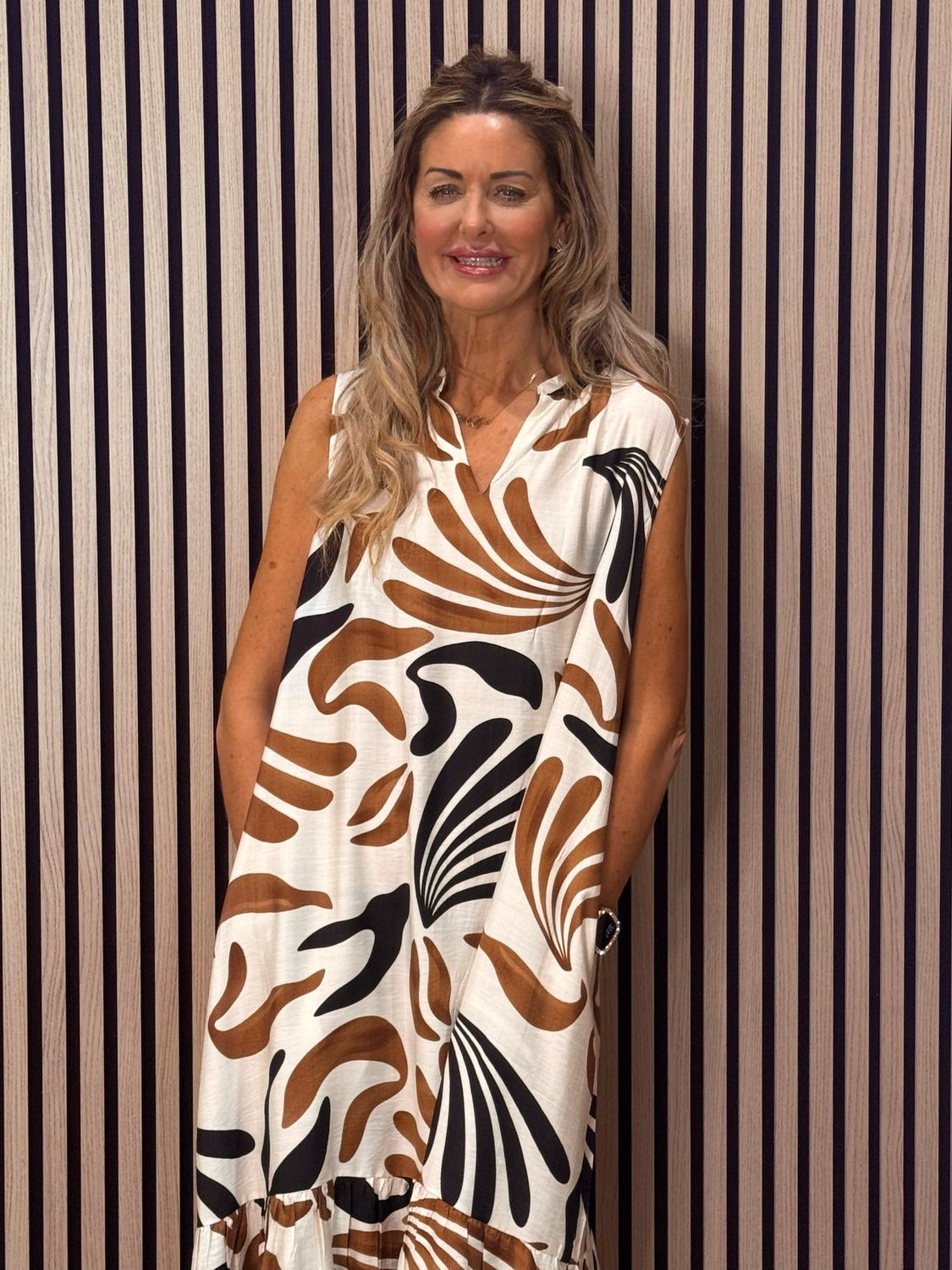 Leaf Print Tiered Midi Dress - Cream/Brown/Black