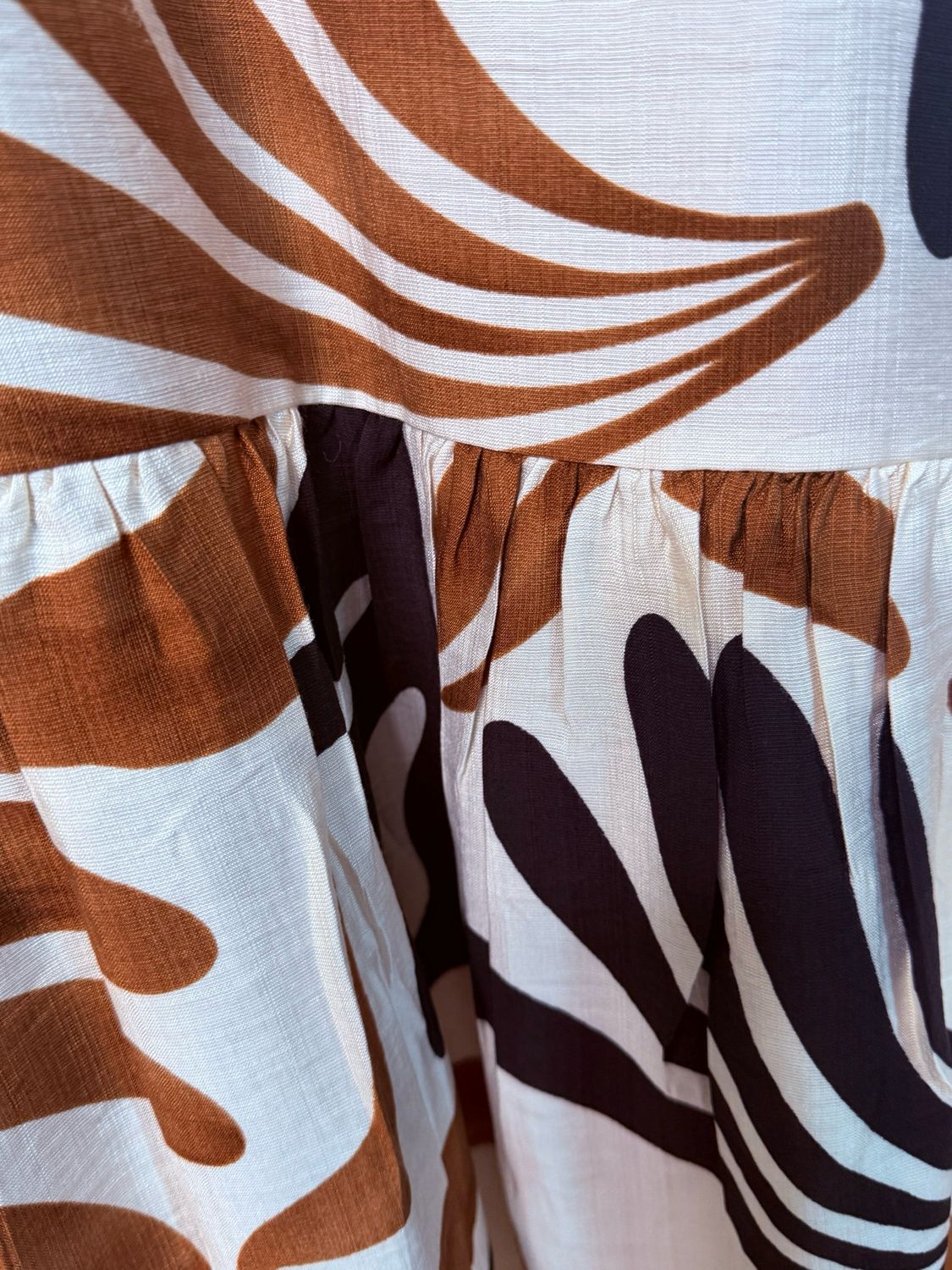 Leaf Print Tiered Midi Dress - Cream/Brown/Black