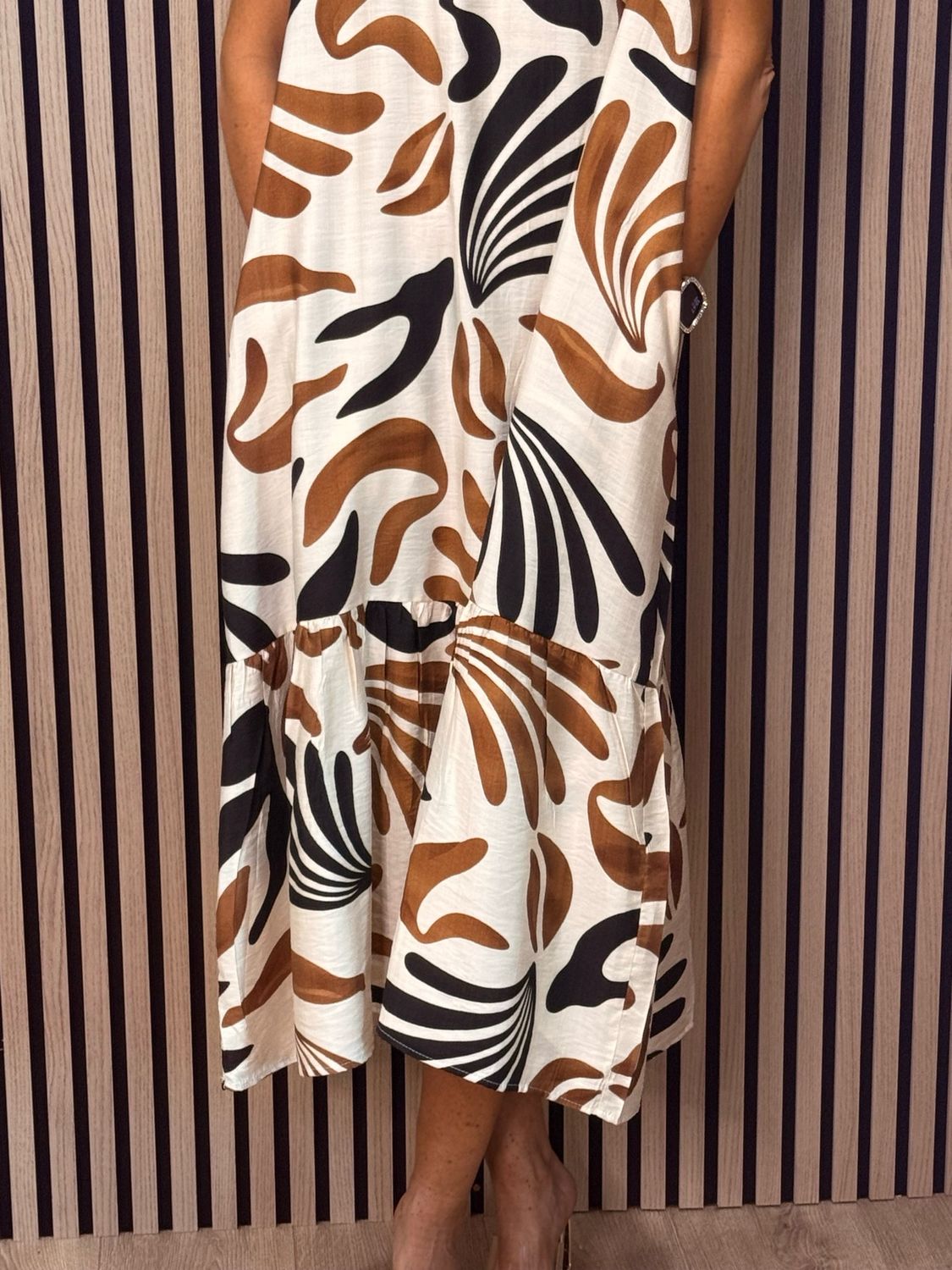 Leaf Print Tiered Midi Dress - Cream/Brown/Black