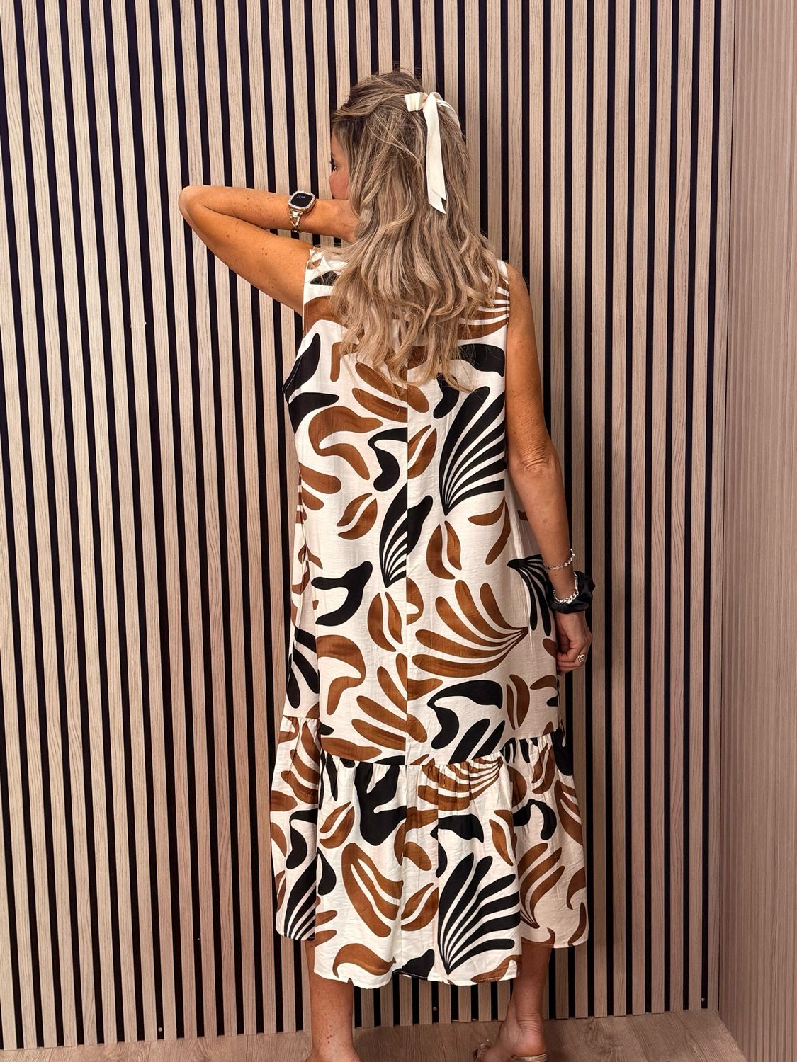 Leaf Print Tiered Midi Dress - Cream/Brown/Black