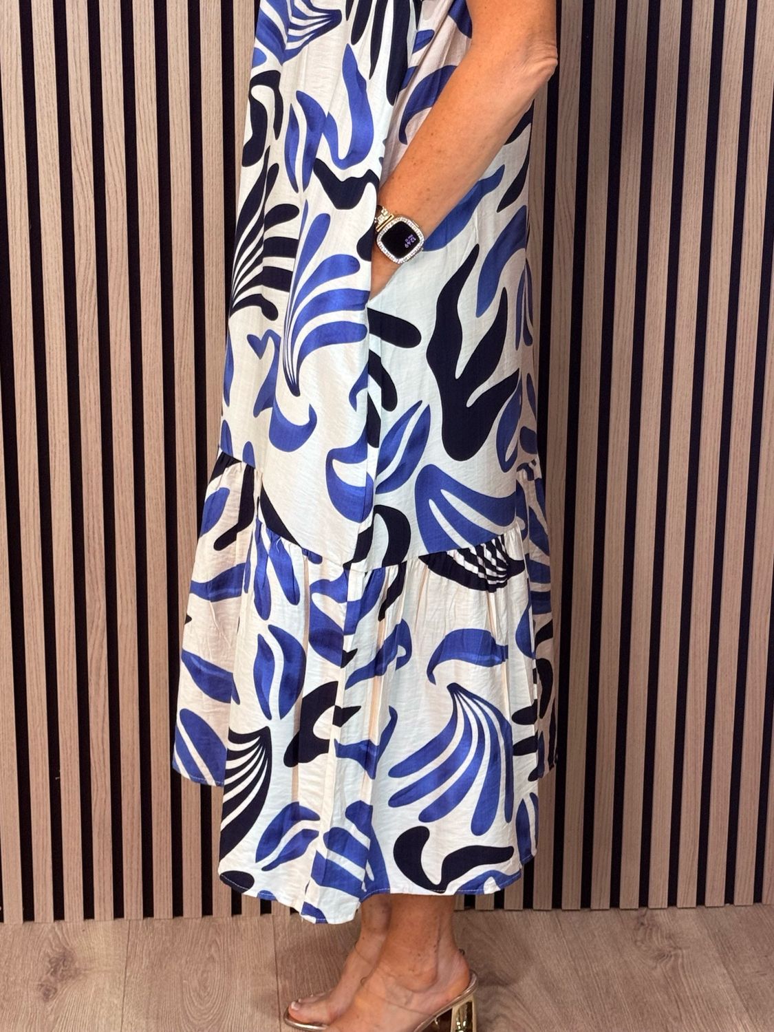 Leaf Print Tiered Midi Dress - Cream/Navy