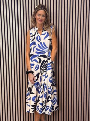 Leaf Print Tiered Midi Dress - Cream/Navy