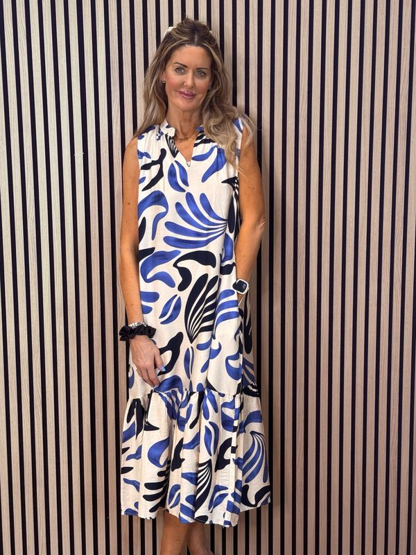 Leaf Print Tiered Midi Dress - Cream/Navy