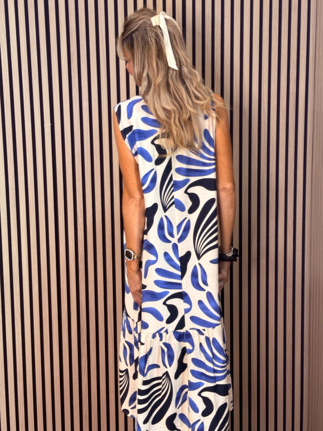 Leaf Print Tiered Midi Dress - Cream/Navy