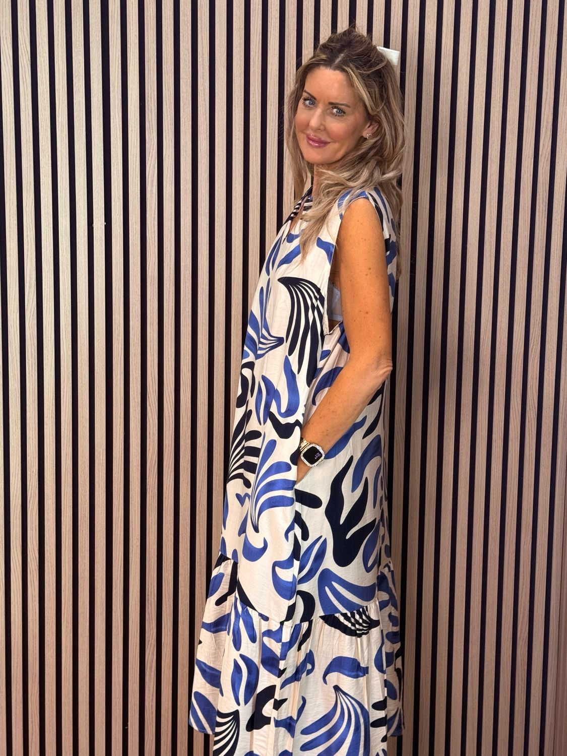 Leaf Print Tiered Midi Dress - Cream/Navy