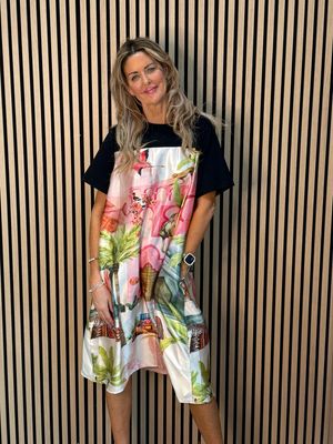 Scenic Print Midi Dress - Black/Pink/Green