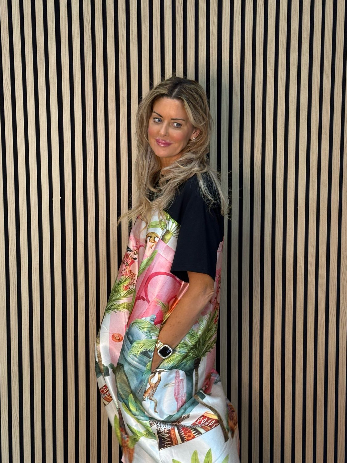 Scenic Print Midi Dress - Black/Pink/Green