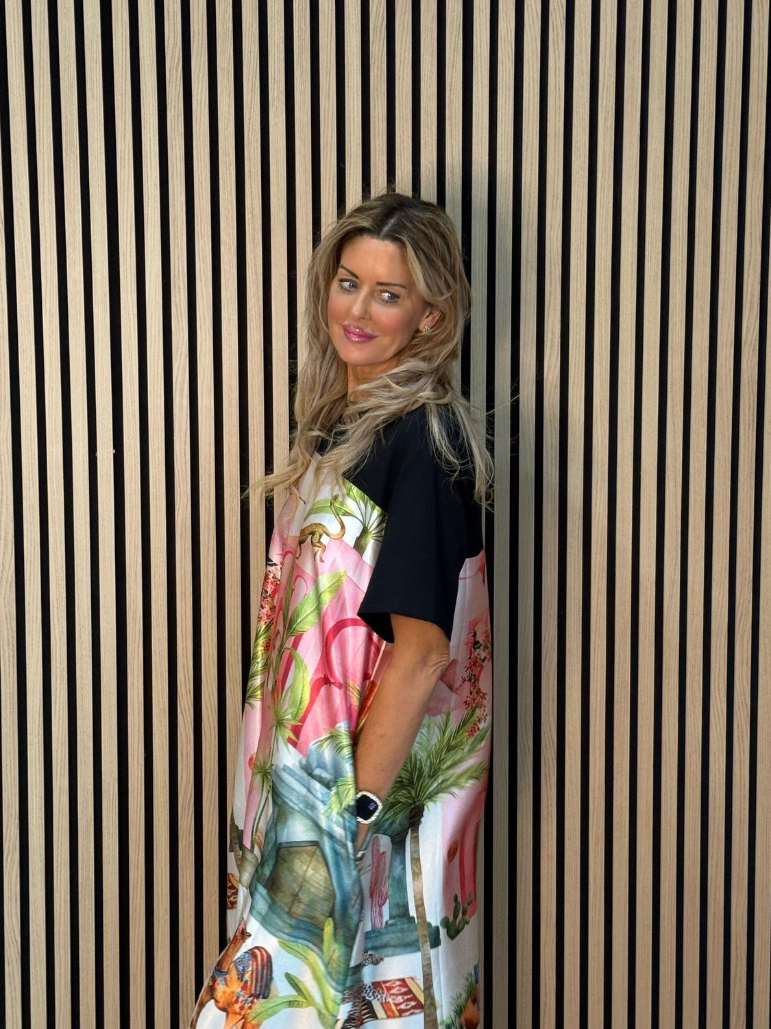 Scenic Print Midi Dress - Black/Pink/Green