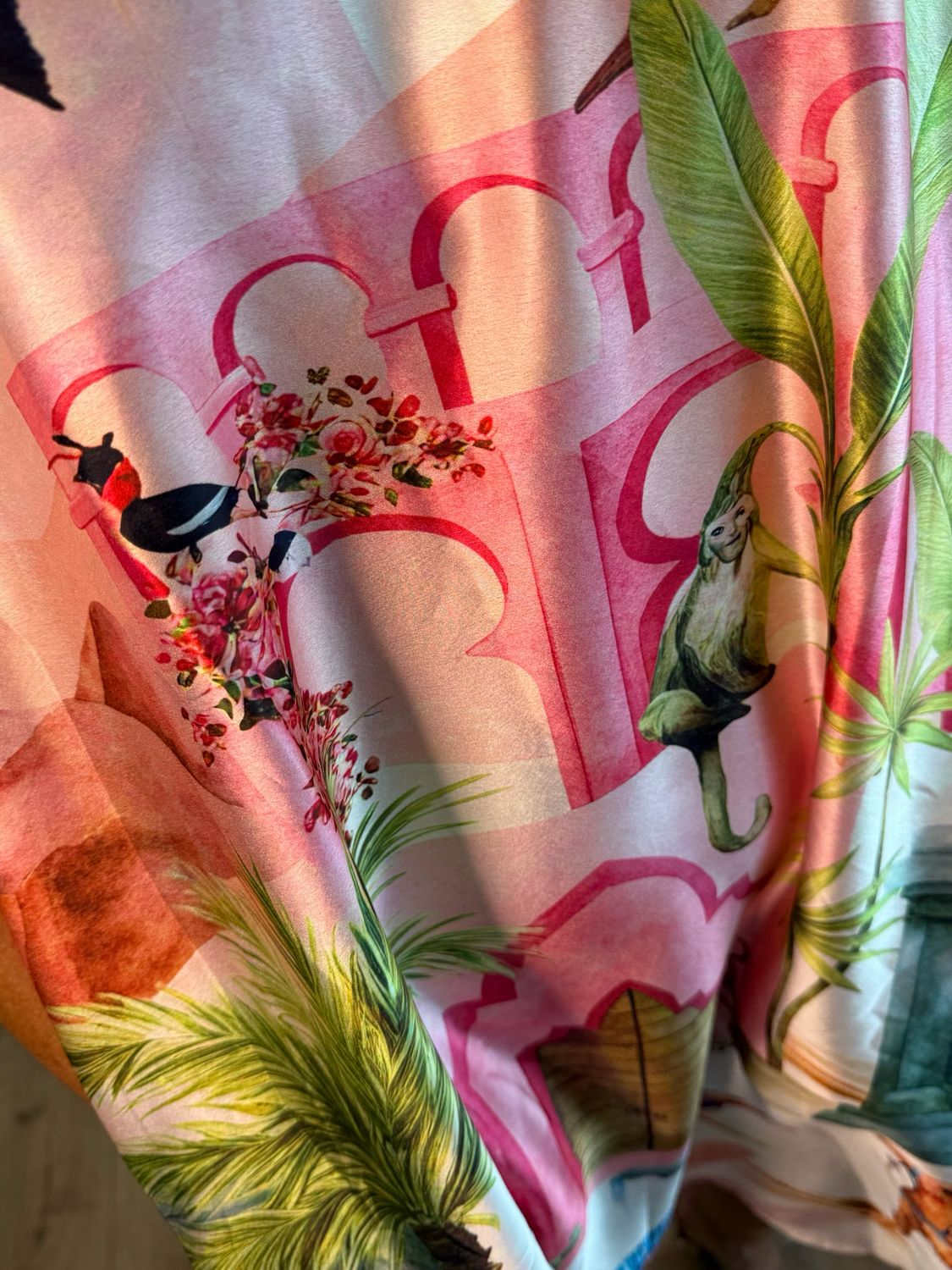 Scenic Print Midi Dress - Black/Pink/Green