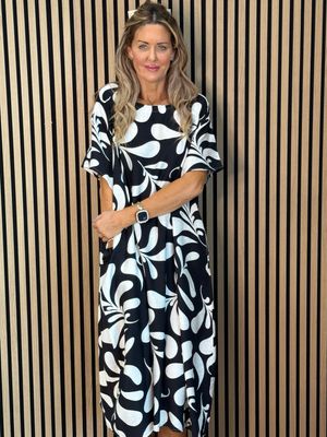 Abstract Print Relaxed Midi Dress - Black