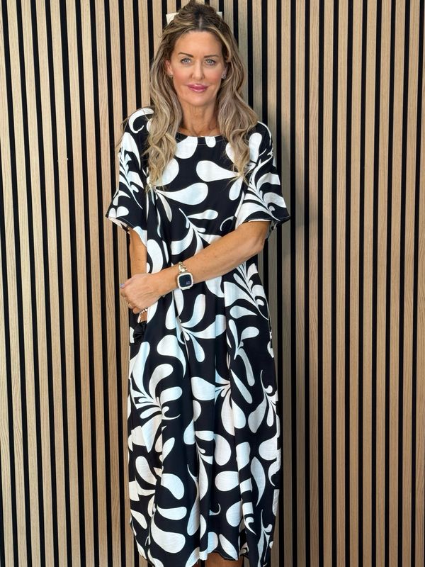 Abstract Print Relaxed Midi Dress - Black