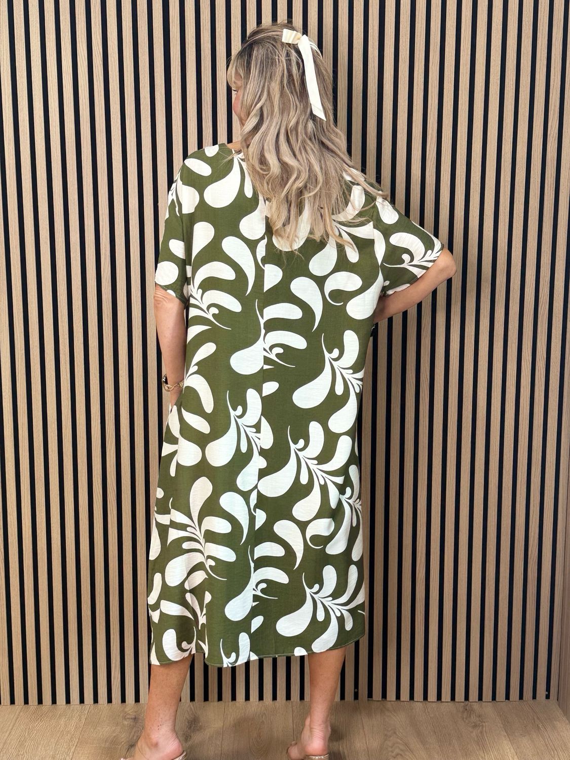 Abstract Print Relaxed Midi Dress - Khaki