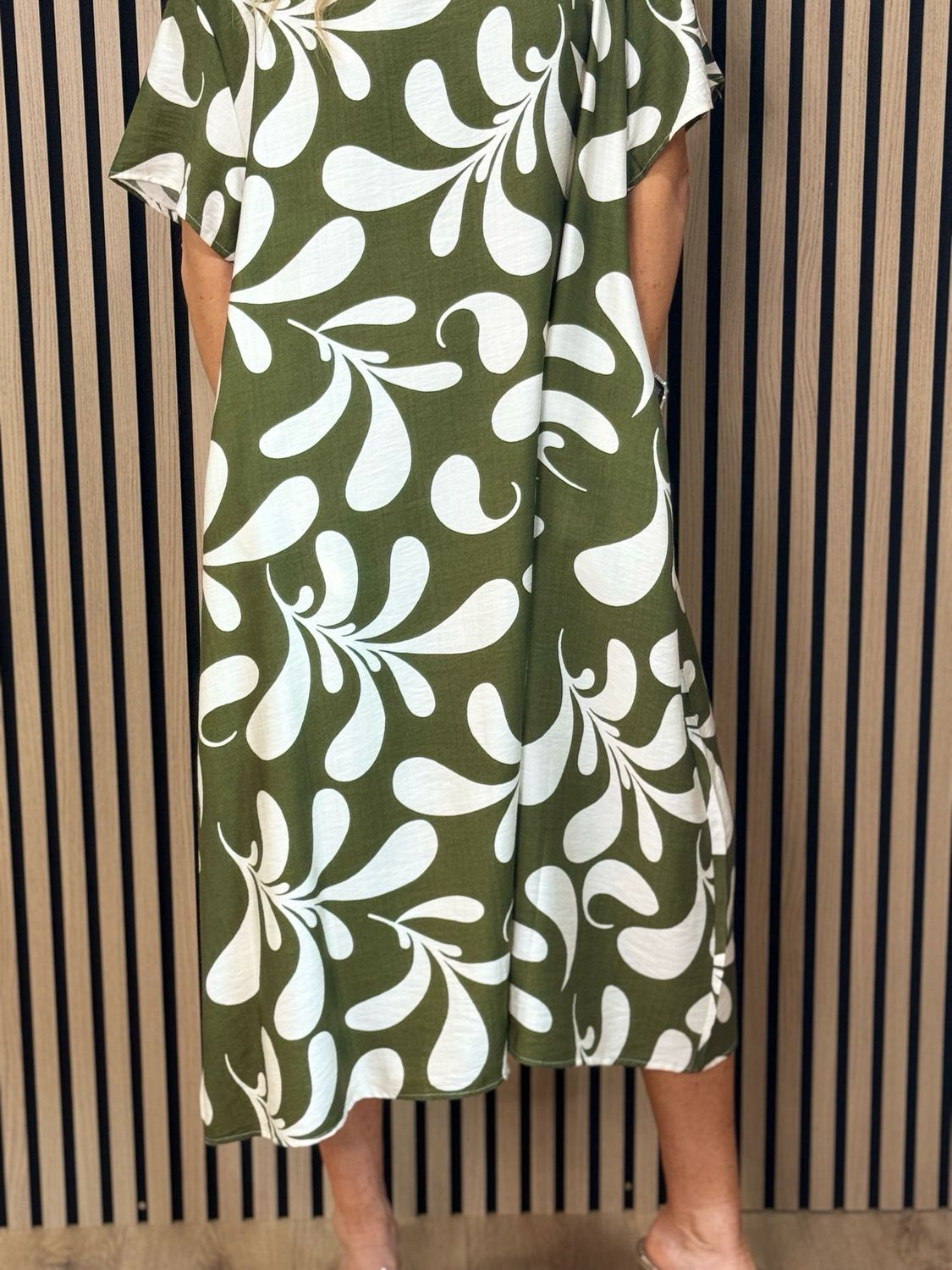 Abstract Print Relaxed Midi Dress - Khaki