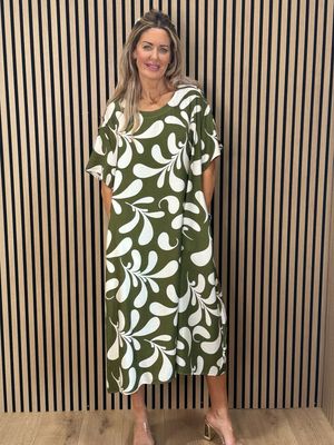 Abstract Print Relaxed Midi Dress - Khaki