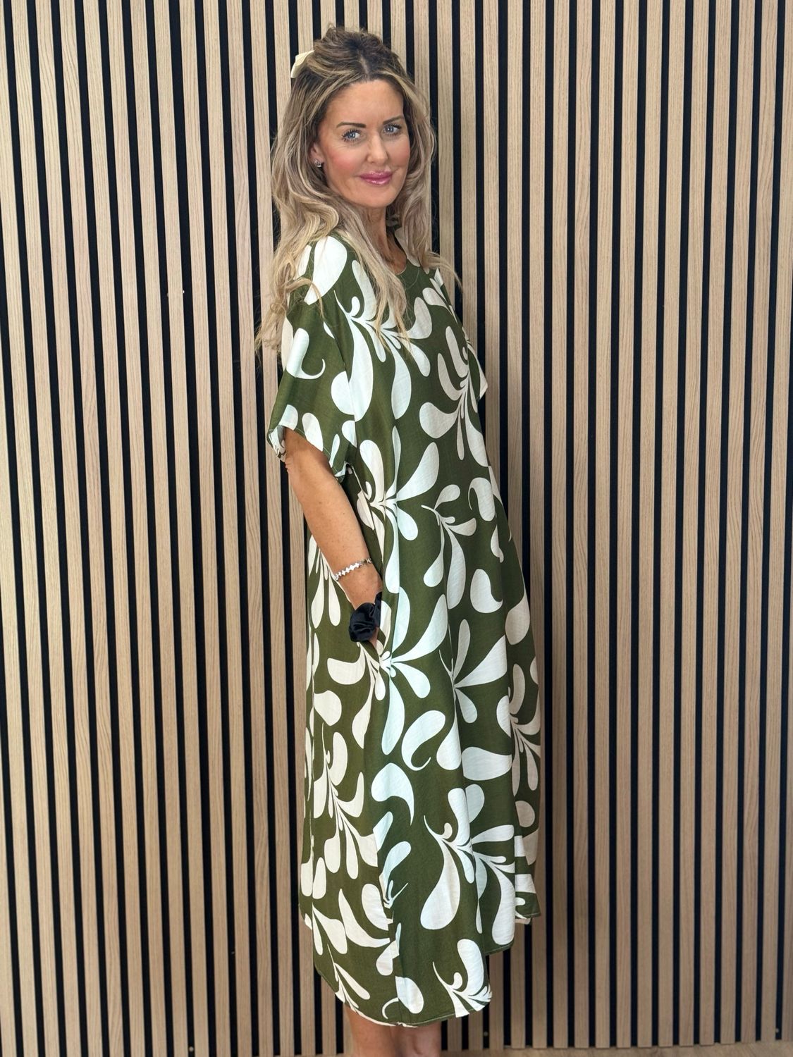 Abstract Print Relaxed Midi Dress - Khaki