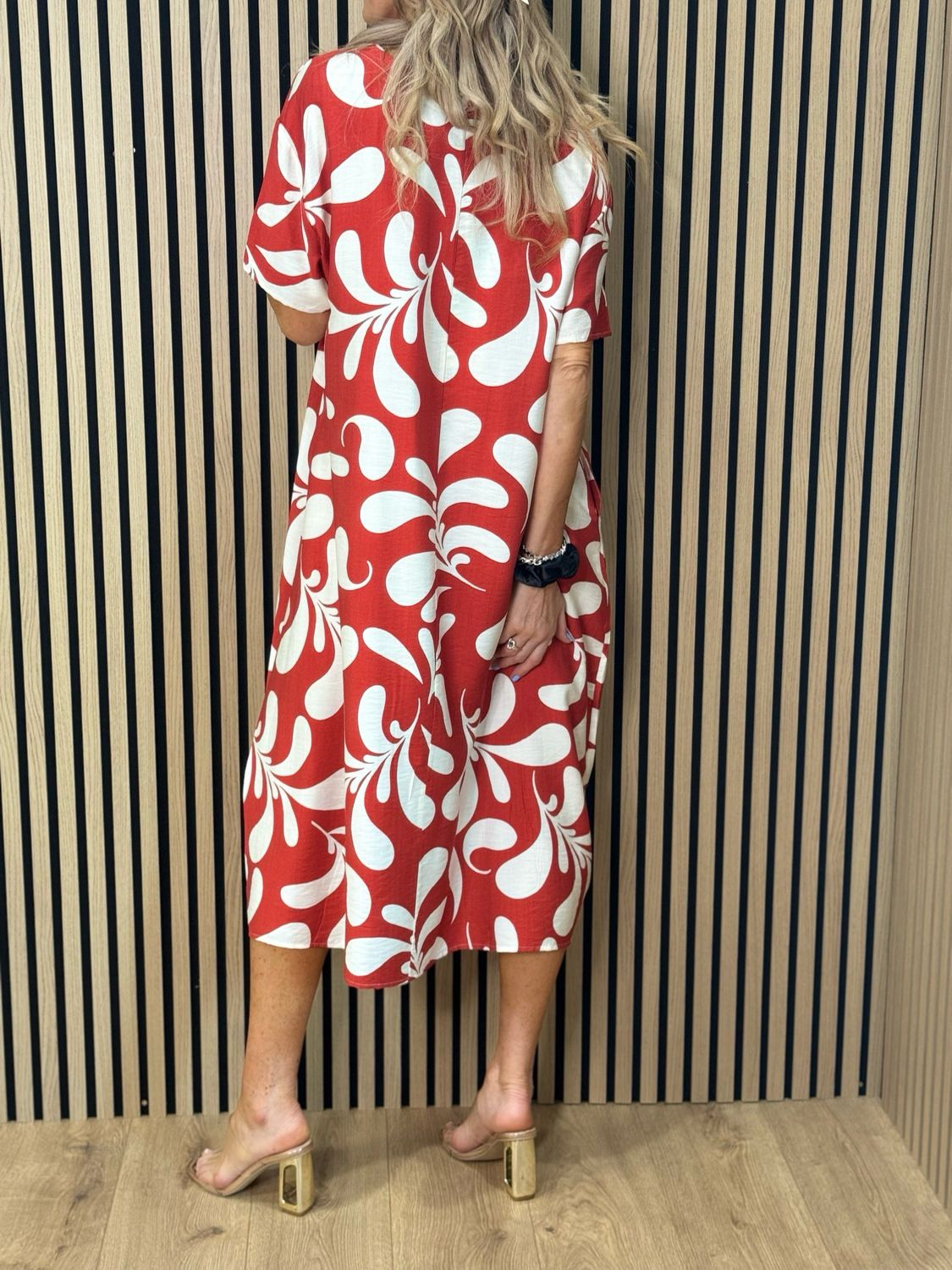 Abstract Print Relaxed Midi Dress - Red