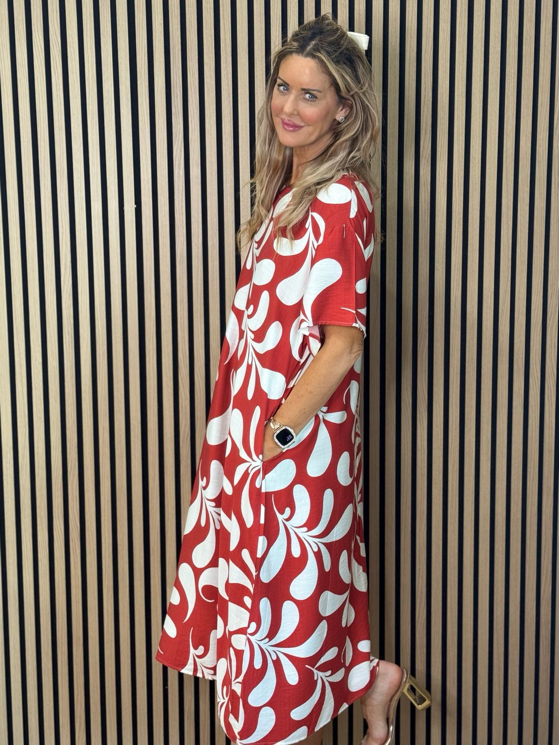 Abstract Print Relaxed Midi Dress - Red