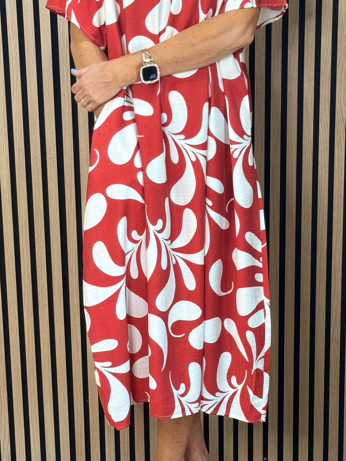 Abstract Print Relaxed Midi Dress - Red