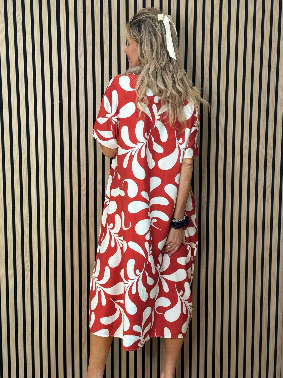 Abstract Print Relaxed Midi Dress - Red