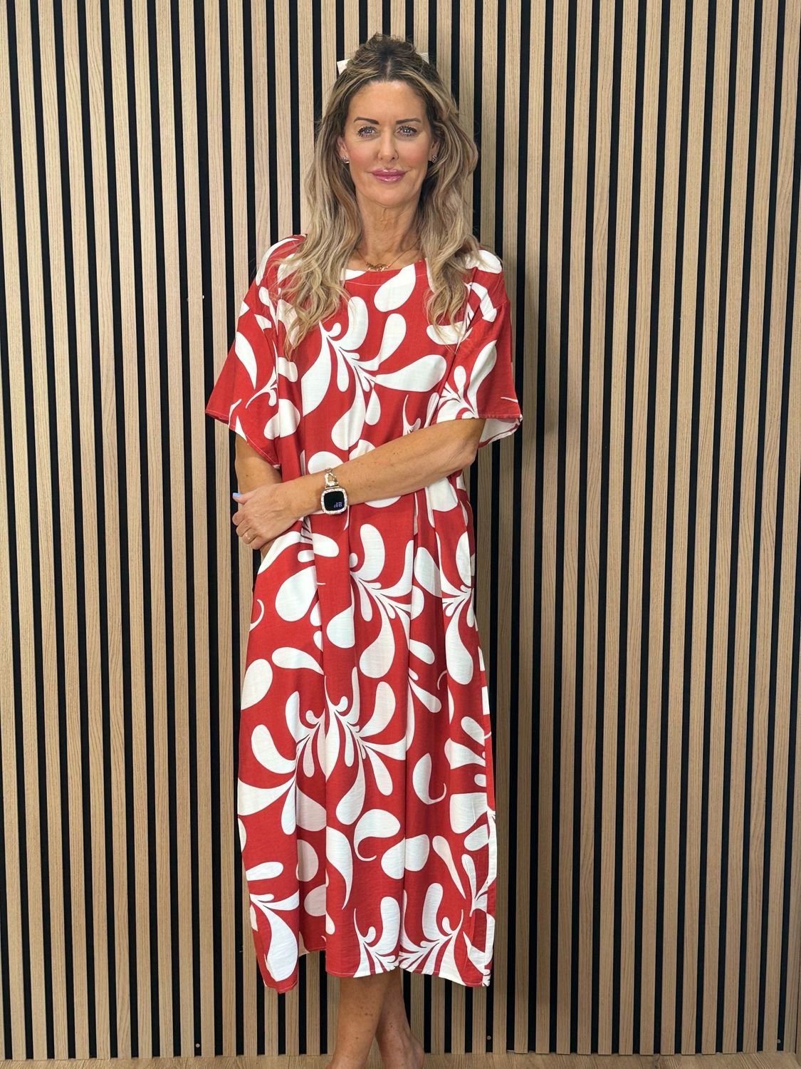 Abstract Print Relaxed Midi Dress - Red