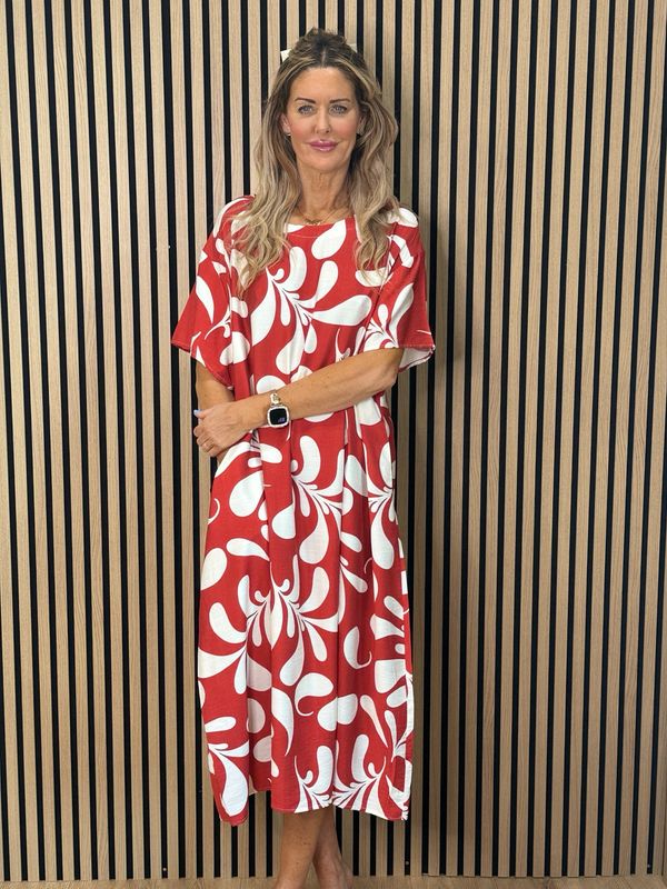 Abstract Print Relaxed Midi Dress - Red