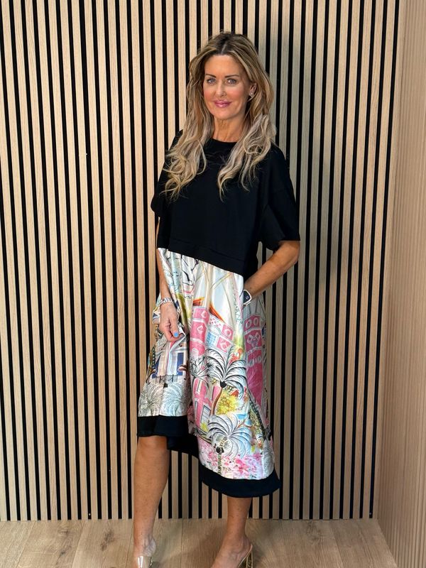 Scenic Print Midi Dress - Black/White/Pink