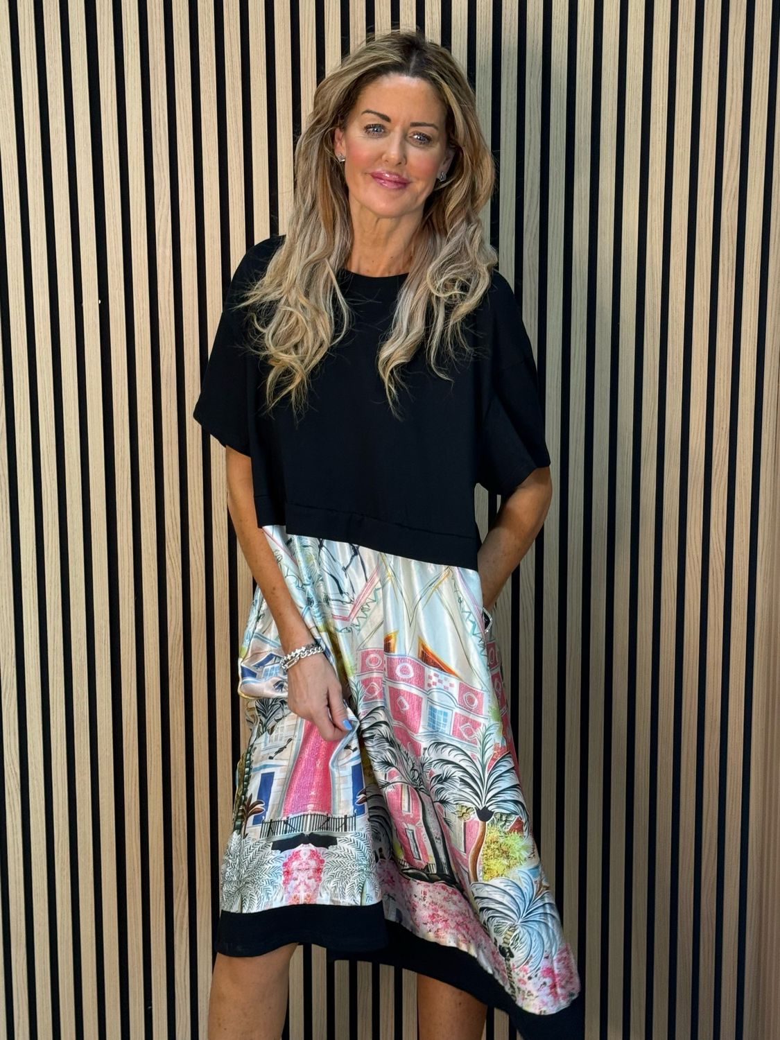 Scenic Print Midi Dress - Black/White/Pink