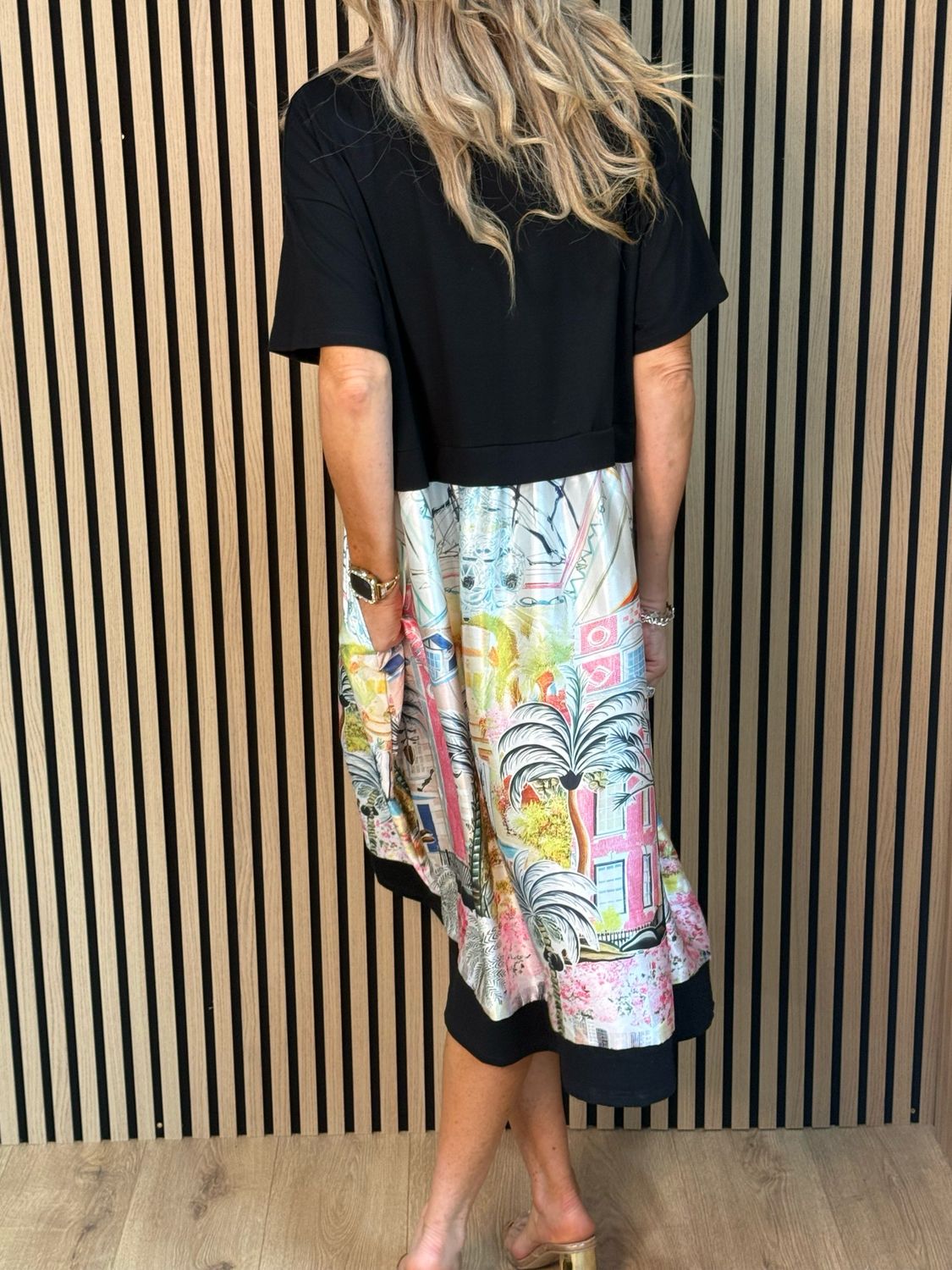 Scenic Print Midi Dress - Black/White/Pink