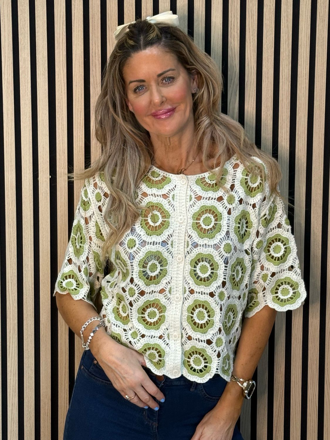 Circle Pattern Crochet Cardigan- Lime/Cream